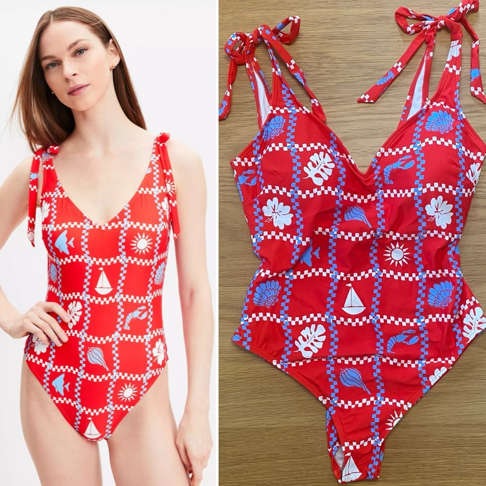 🦞 LOFT NWT Beachcomber Plunge Bow Tie One Piece Swimsuit in Lush Vermillion